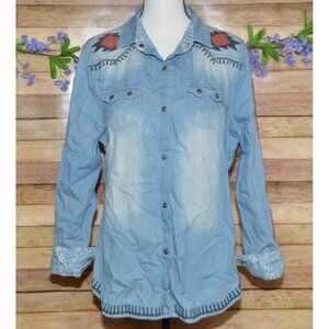Tasha Polizzi Blue Chambray Pearl Snap Western Shirt XL Embroidered Southwest
